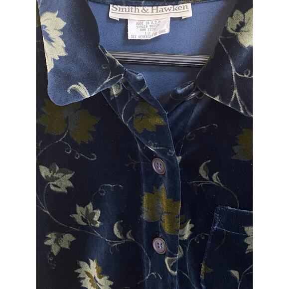 SMITH & HAWKEN Dress 12 Velour 90s Blue Floral Long Sleeve Cottagecore VTG USA - Picture 8 of 8
